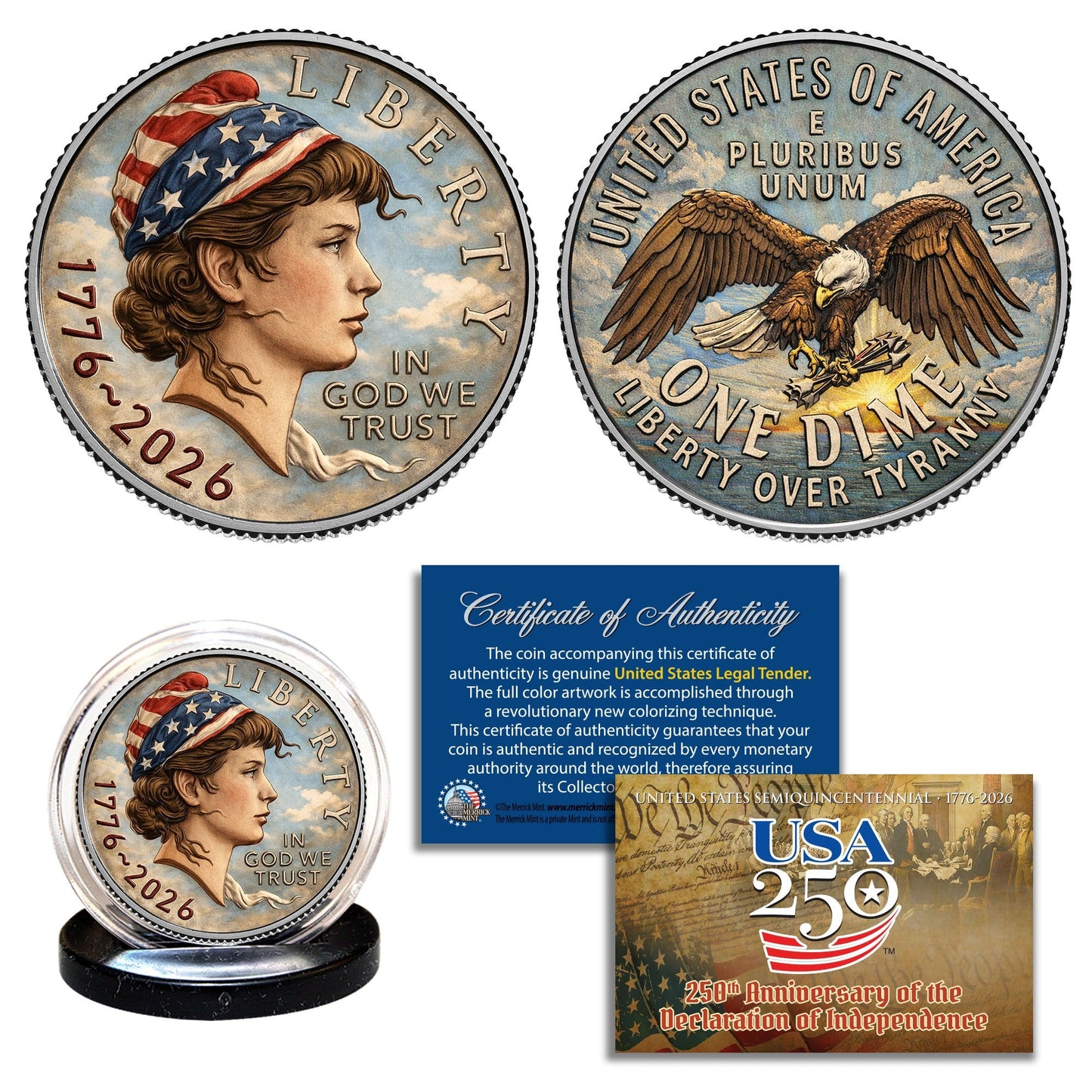 USA 250th Anniversary Liberty Dime — Full-Color Colorized Collector Coin