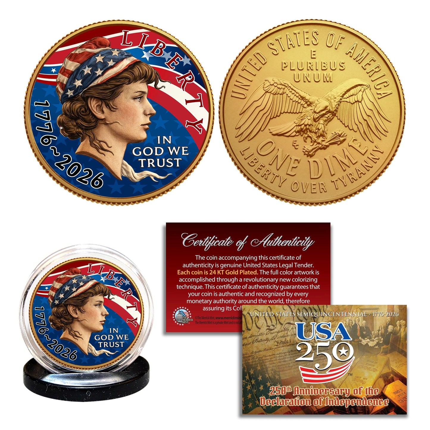 USA 250th Anniversary Liberty Dime — Patriotic Colorized 24KT Gold Plated Collector Coin