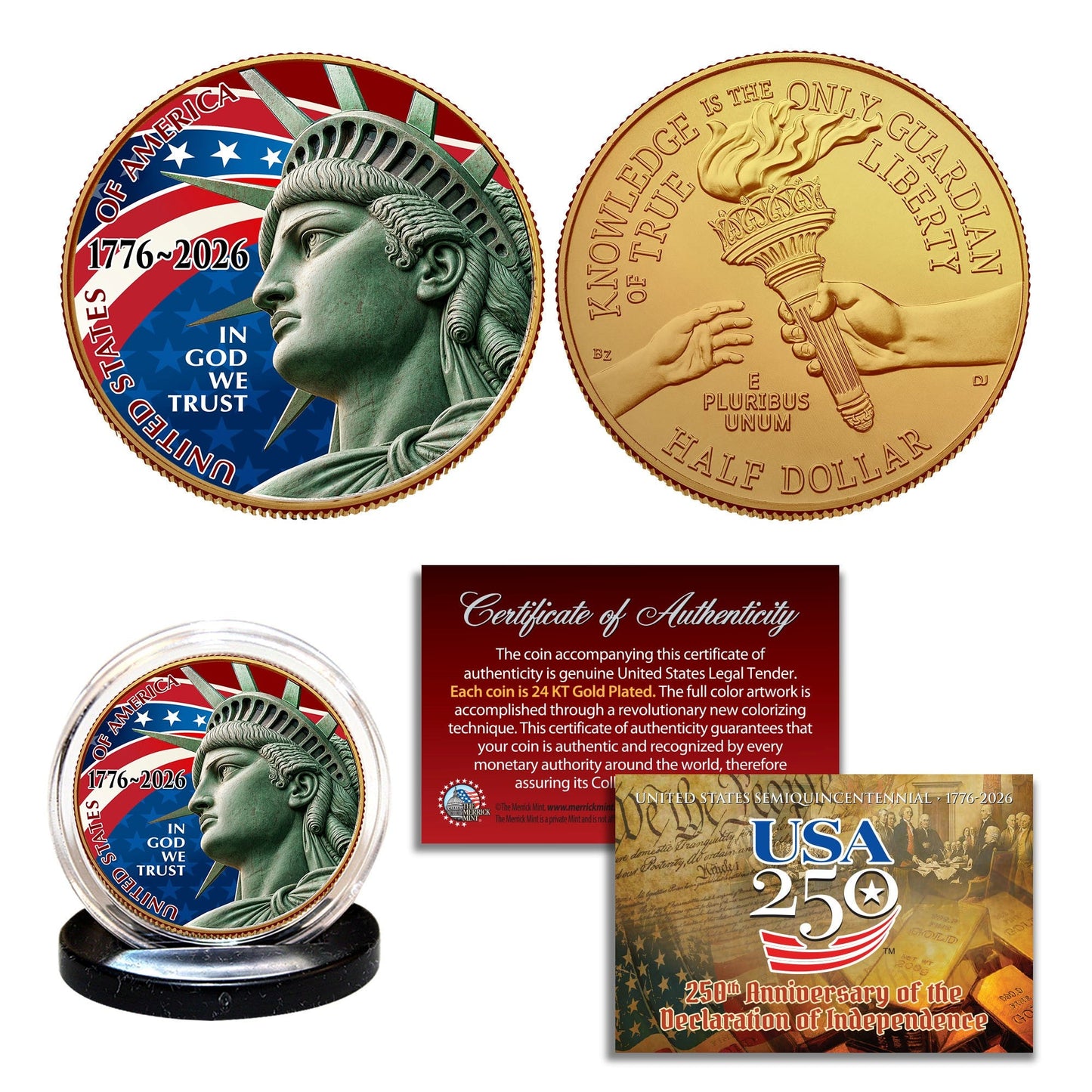 USA 250th Anniversary Statue of Liberty Half Dollar — Patriotic Colorized 24KT Gold Plated Collector Coin