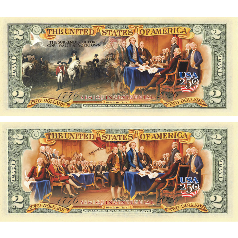 Colorized U.S $2 Bank Note & 1976 American Bicentennial Souvenir Postal Stamp Sheets (Set 2 of 2)