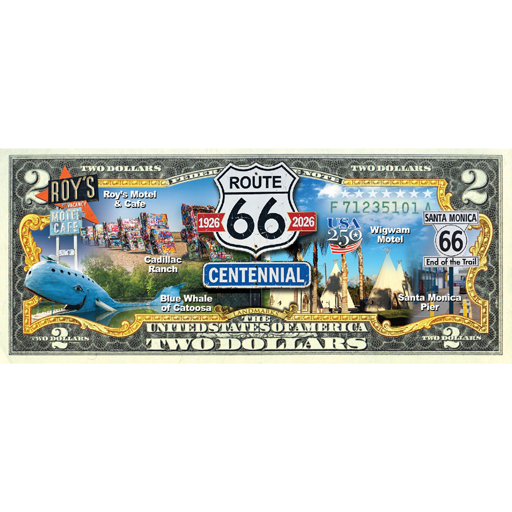 Route 66 Centennial 100th Anniversary Colorized Genuine $2 Bill | Landmarks Edition | 1926β2026 | USA 250 Semiquincentennial | Genuine U.S. Legal Tender with Display Holder & Certificate of Authenticity