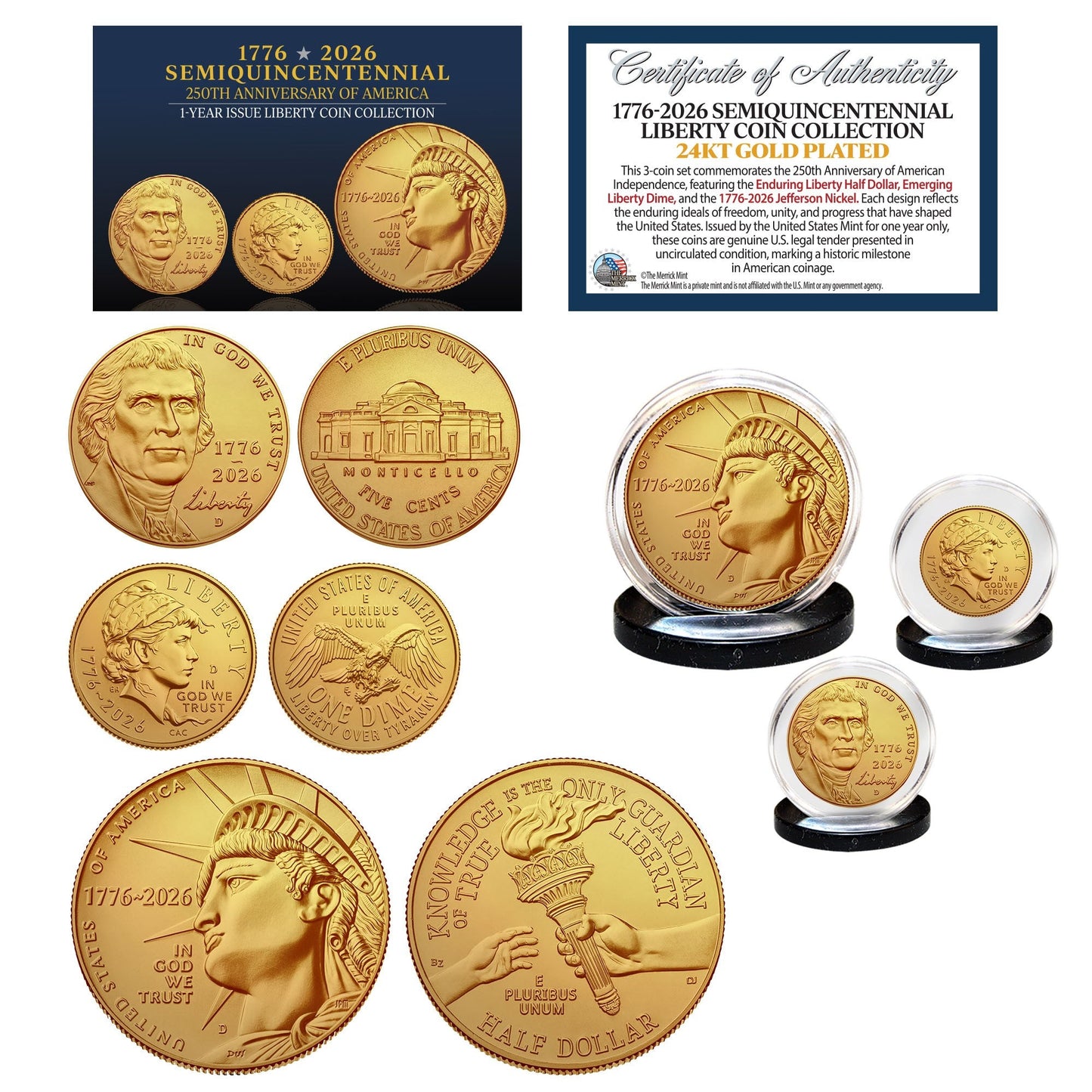 (D-MINT) 1776–2026 Semiquincentennial Liberty 3-Coin Set 24KT Gold Plated – USA 250th Collector's Edition