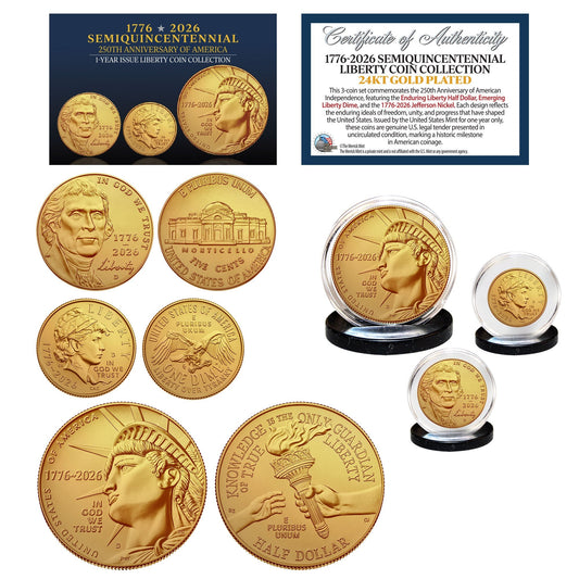 (D-MINT) 1776–2026 Semiquincentennial Liberty 3-Coin Set 24KT Gold Plated – USA 250th Collector's Edition