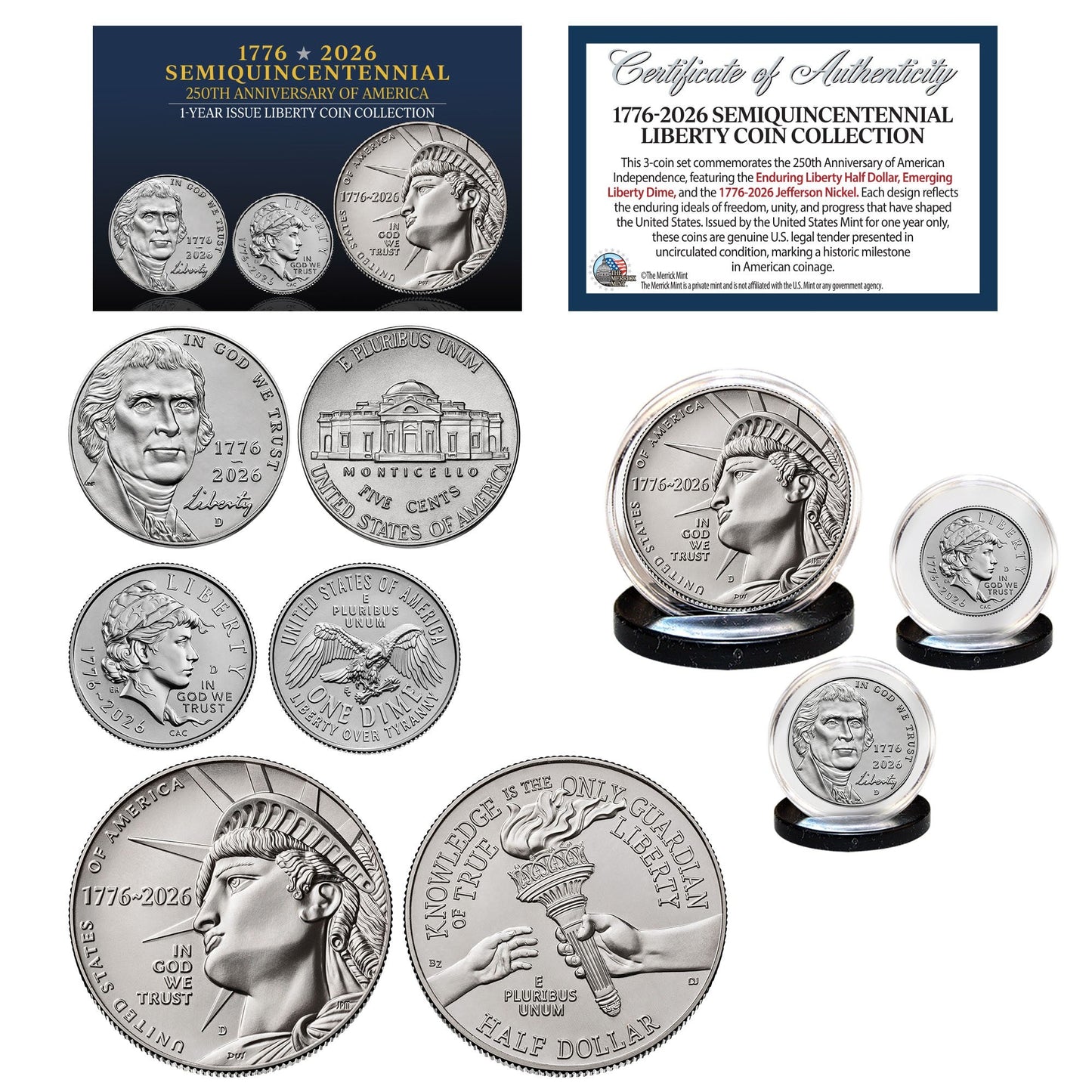 (D-MINT) 1776–2026 Semiquincentennial Liberty 3-Coin Set – USA 250th Collector's Edition