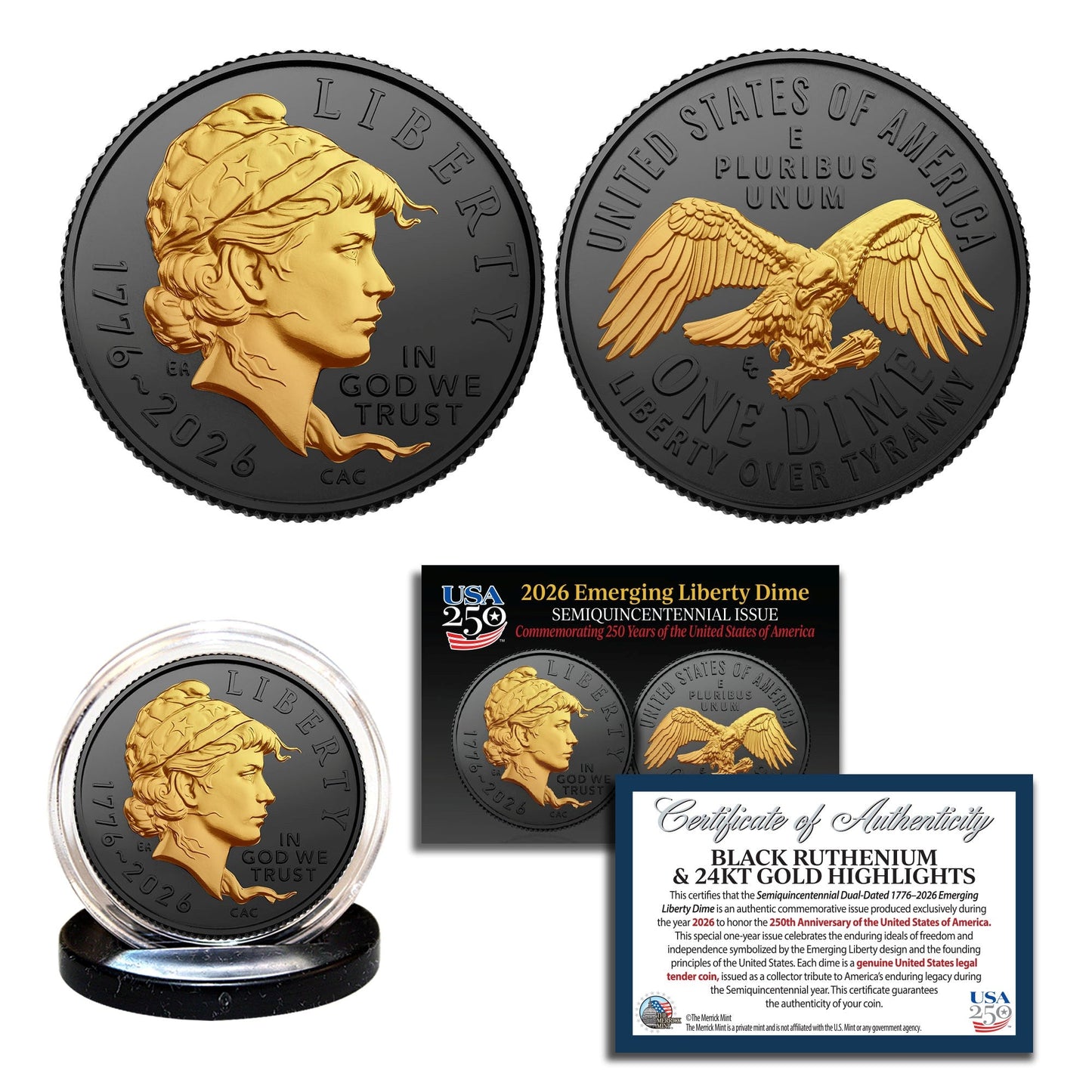 Emerging Liberty Dime 1776-2026 | Black Ruthenium Finish with 24K Gold Highlights – Semiquincentennial Dime Coin