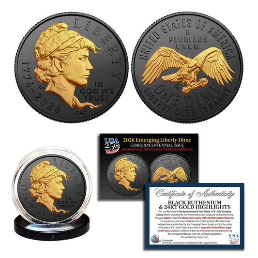 Emerging Liberty Dime 1776-2026 | Black Ruthenium Finish with 24K Gold Highlights – Semiquincentennial Dime Coin