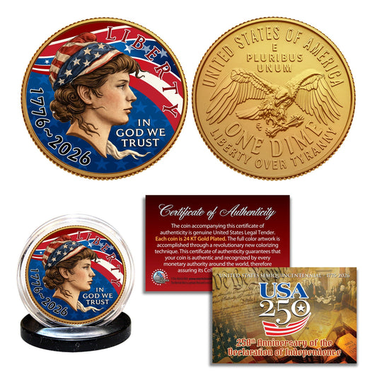 USA 250th Anniversary Liberty Dime — Patriotic Colorized 24KT Gold Plated Collector Coin