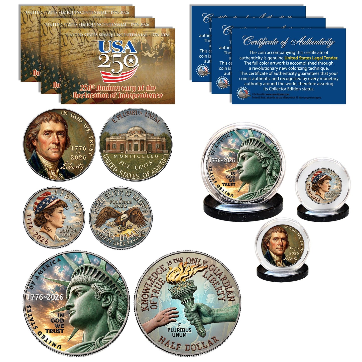 USA 250th Anniversary 3-Coin Patriotic Full Colorized Set — Half Dollar, Dime & Nickel