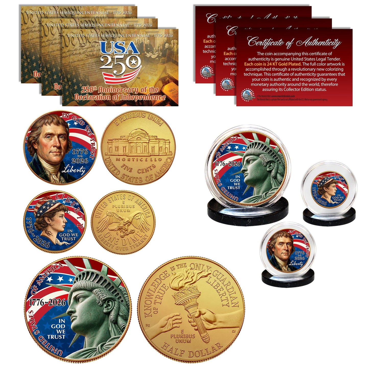 USA 250th Anniversary 3-Coin Patriotic Colorized 24KT Gold Plated Set — Half Dollar, Dime & Nickel