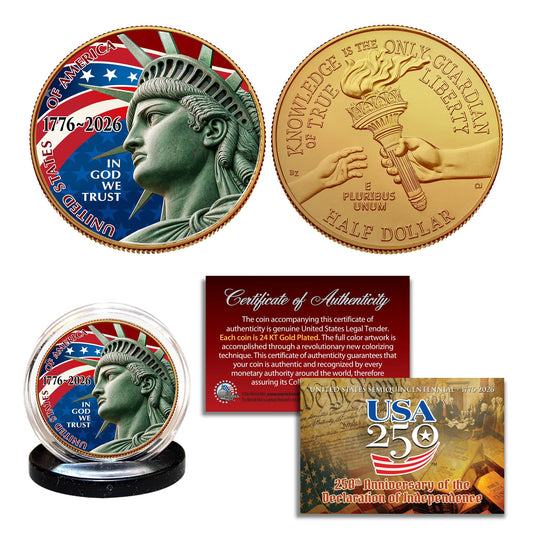 USA 250th Anniversary Statue of Liberty Half Dollar — Patriotic Colorized 24KT Gold Plated Collector Coin