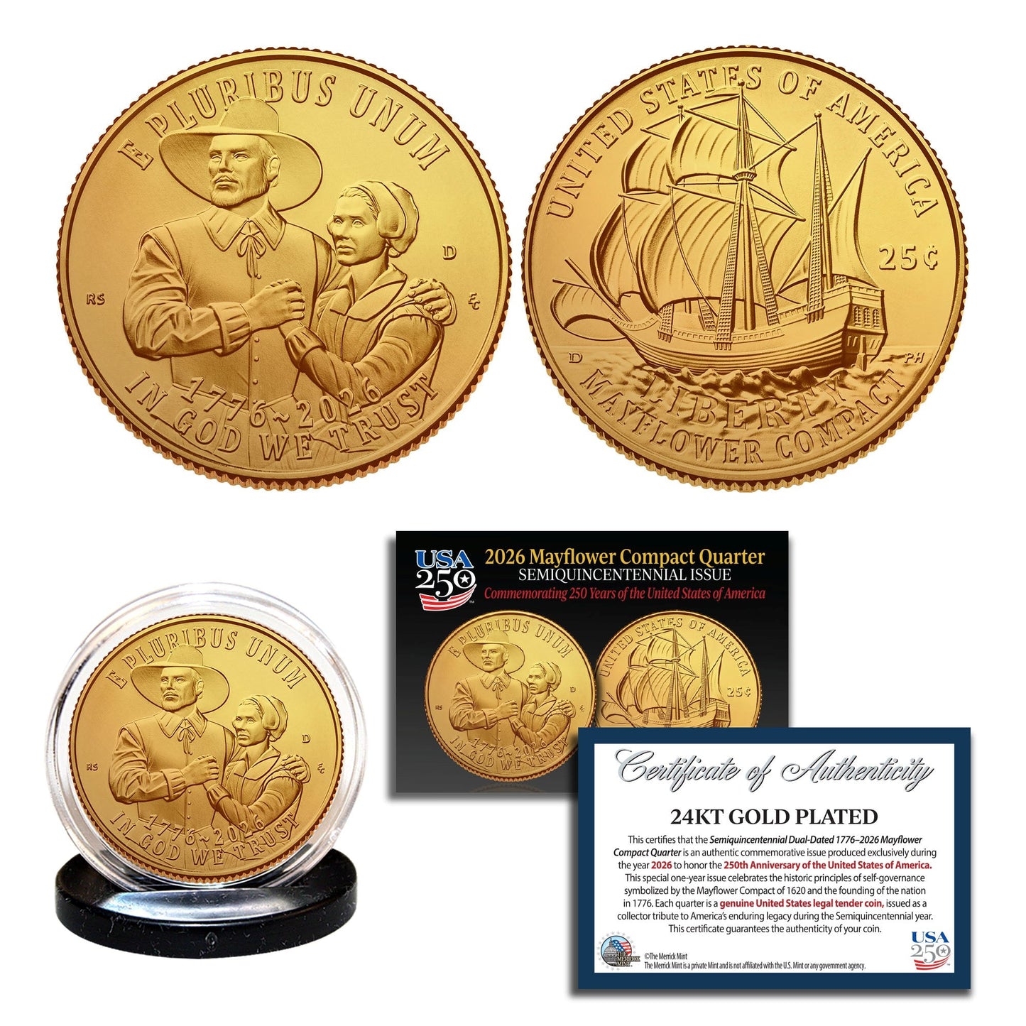 2026 Mayflower 24KT Gold Quarter – USA 250th Collector's Edition