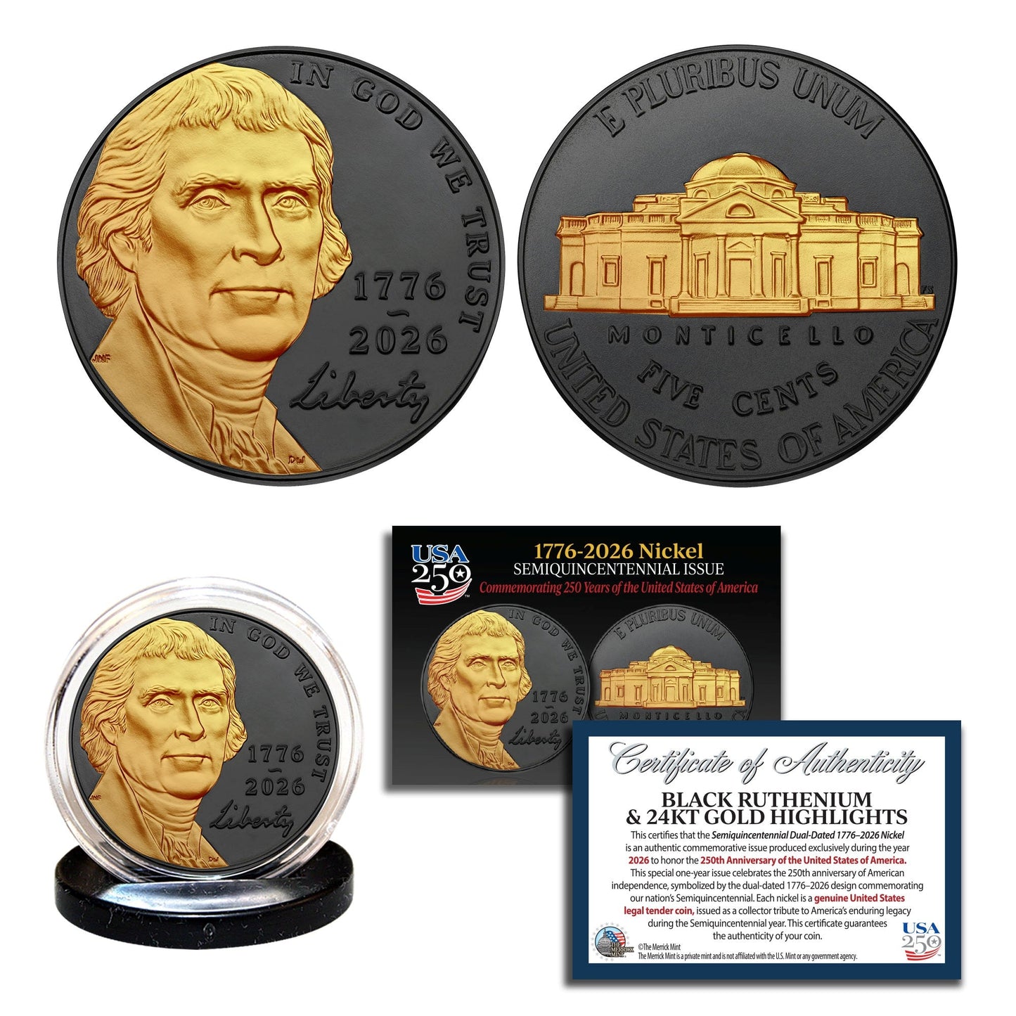 Jefferson Nickel 1776-2026 | Black Ruthenium Finish with 24K Gold Highlights – Semiquincentennial Nickel Coin