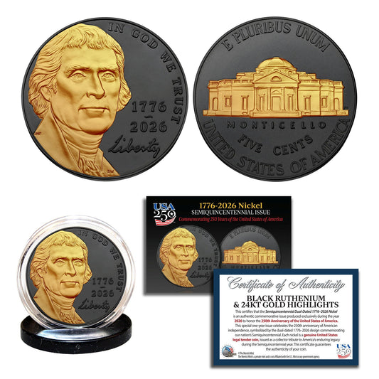 Jefferson Nickel 1776-2026 | Black Ruthenium Finish with 24K Gold Highlights – Semiquincentennial Nickel Coin