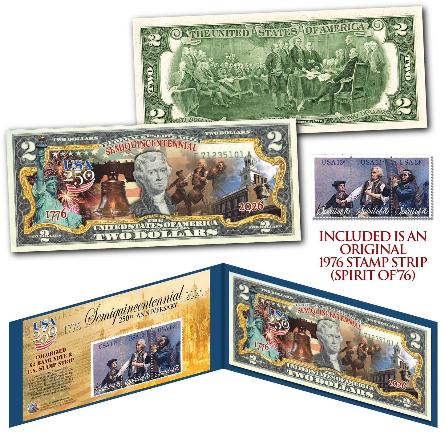 USA 250th Anniversary Spirit of 1776 Genuine Postal 3-Panel Stamp Strip-July 4th USA 250 $2 Bill