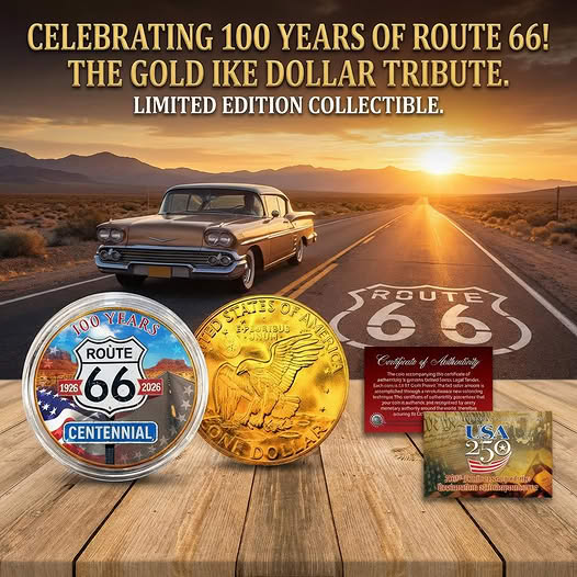 Route 66 Centennial (1926 - 2026) 24 KT Gold One Dollar Coin – USA 250th Collector's Edition