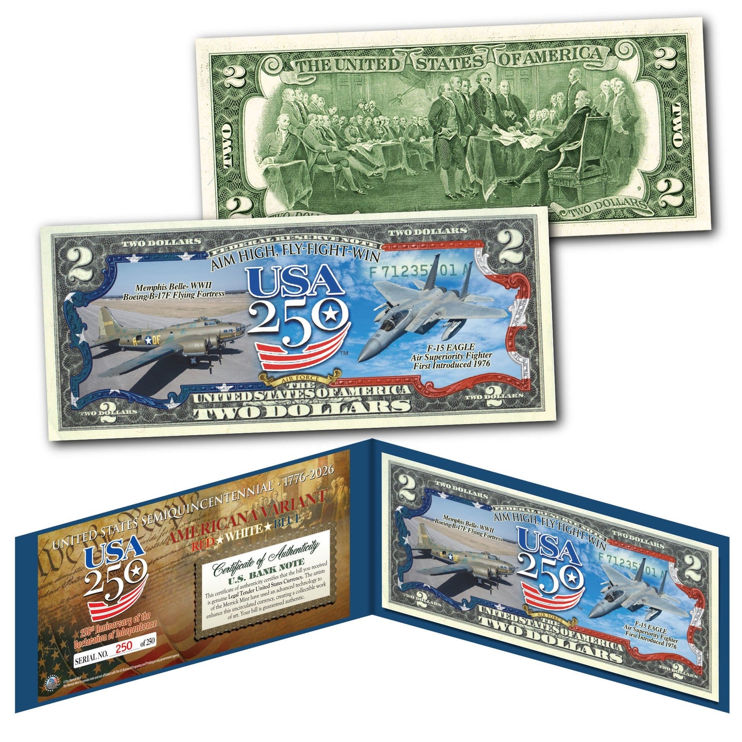 [FLAG BORDER] USA 250th Anniversary Military Collectible $2 Bill Bundle [SAVE 10%] (250 Available & Individually Numbered)