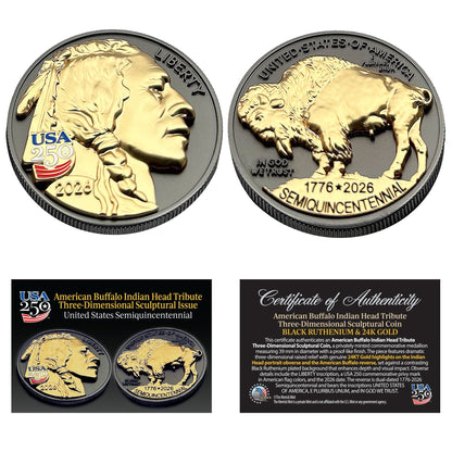 3D American Buffalo Indian Head Tribute Coin With USA 250 Privy Mark (Black Ruthenium & 24k Gold)