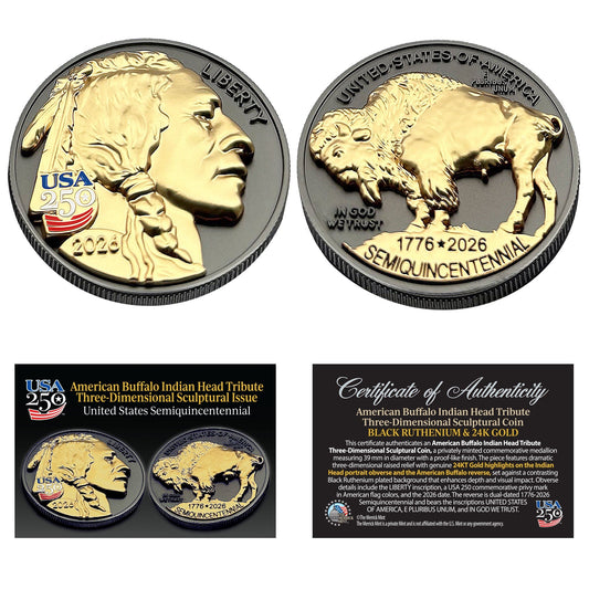 3D American Buffalo Indian Head Tribute Coin With USA 250 Privy Mark (Black Ruthenium & 24k Gold)