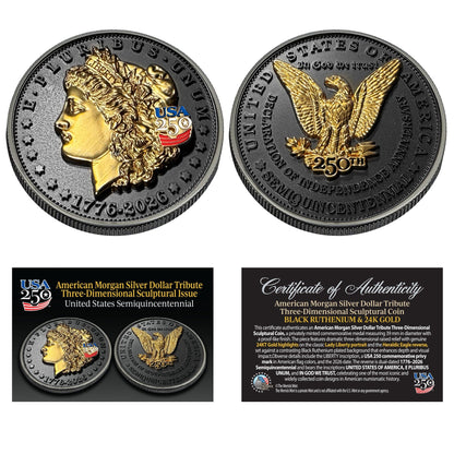 3D Morgan Silver Dollar Tribute Coin With USA 250 Privy Mark (Black Ruthenium & 24k Gold)