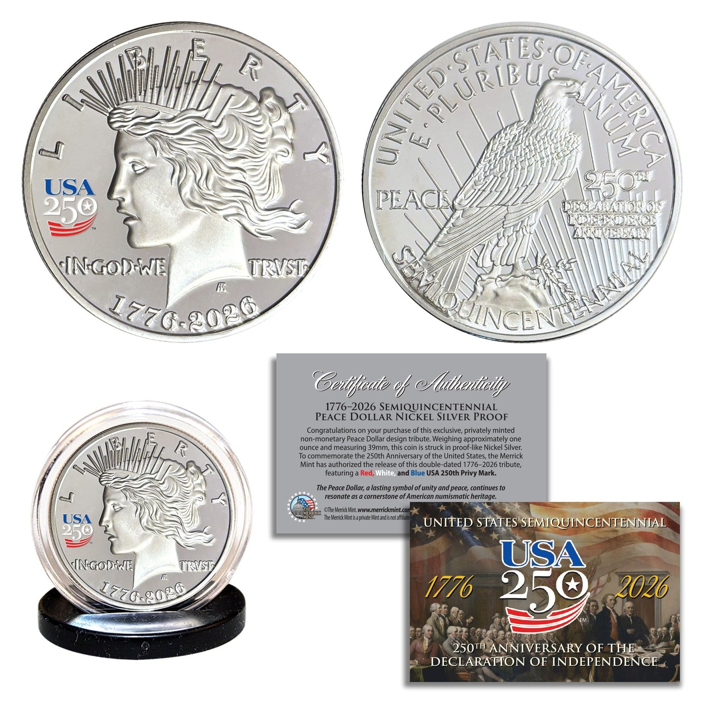 USA 250th Patriotic Bundle – Peace Coins & Independence $2 Bill