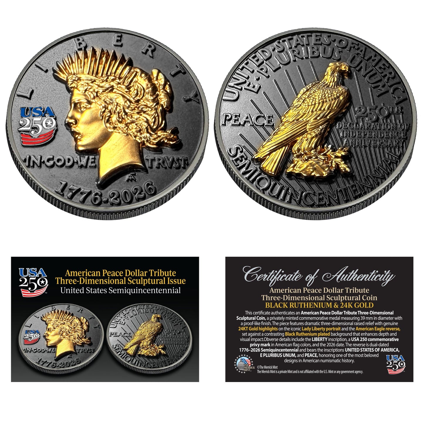 3D Peace Dollar Tribute Coin With USA 250 Privy Mark (Black Ruthenium & 24k Gold)