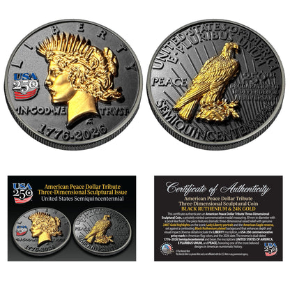3D Peace Dollar Tribute Coin With USA 250 Privy Mark (Black Ruthenium & 24k Gold)