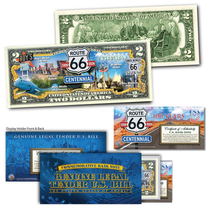 Route 66 Centennial 100th Anniversary Colorized Genuine $2 Bill | Landmarks Edition | 1926–2026 | USA 250 Semiquincentennial | Genuine U.S. Legal Tender with Display Holder & Certificate of Authenticity