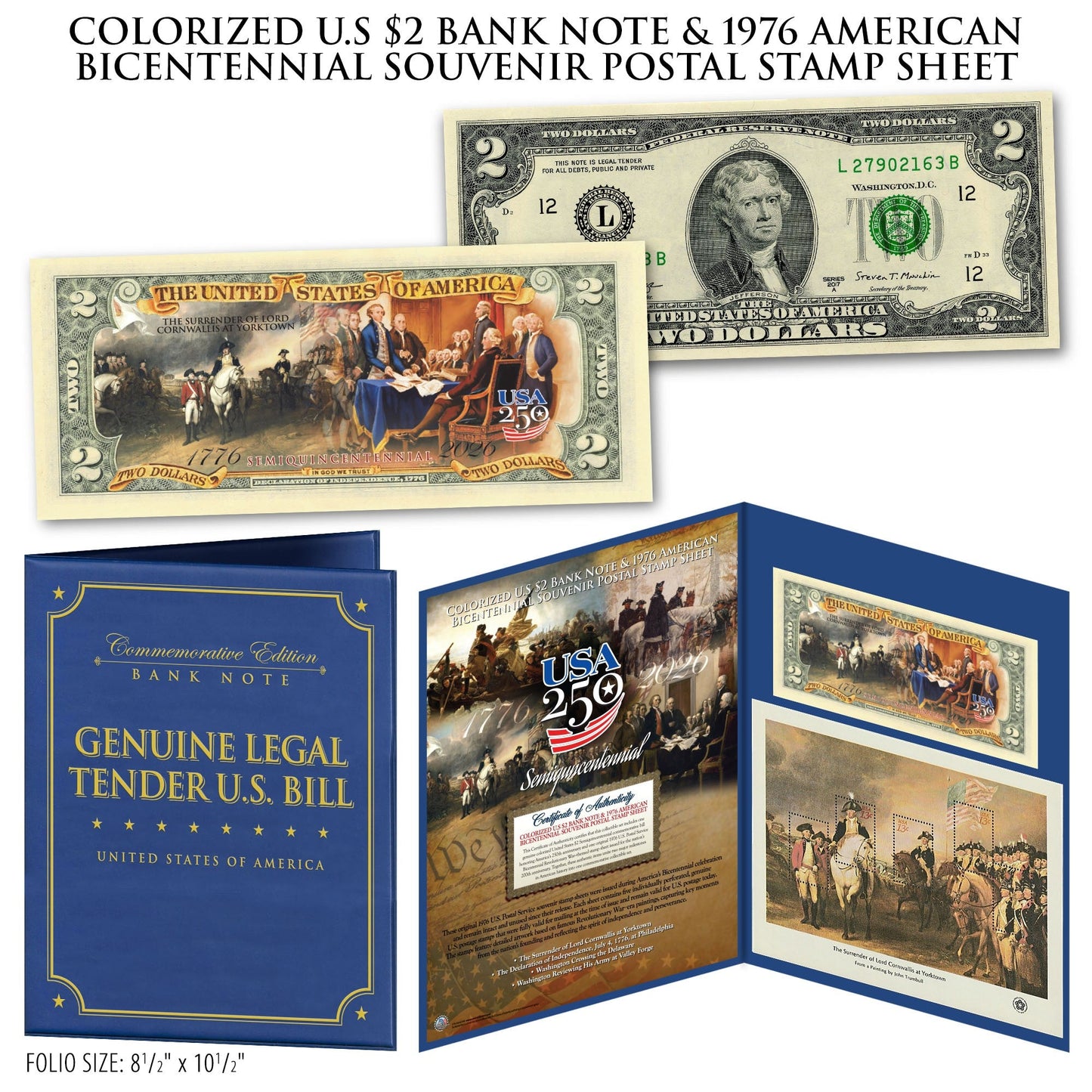 Colorized U.S $2 Bank Note & 1976 American Bicentennial Souvenir Postal Stamp Sheets (Set 2 of 2)