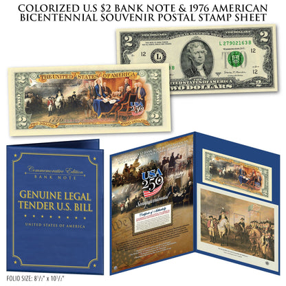 Colorized U.S $2 Bank Note & 1976 American Bicentennial Souvenir Postal Stamp Sheets (Set 2 of 2)