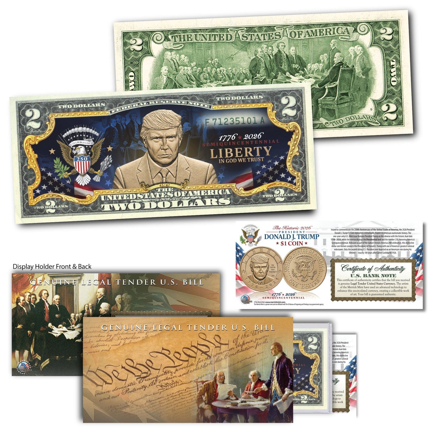 President Trump 1776–2026 Semiquincentennial $2 Bill — Genuine U.S. Legal Tender Commemorating the First Sitting President on U.S. Currency in 100 Years