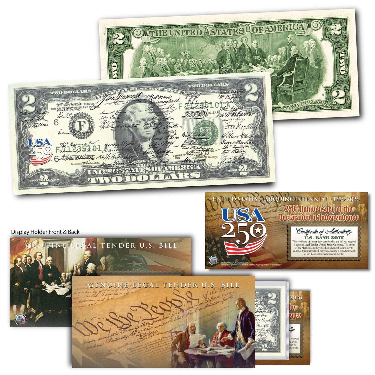 250th Anniversary Founding Fathers Collectible $2 Bill Set + Three 24KT Gold-Plated "America's Last Penny"