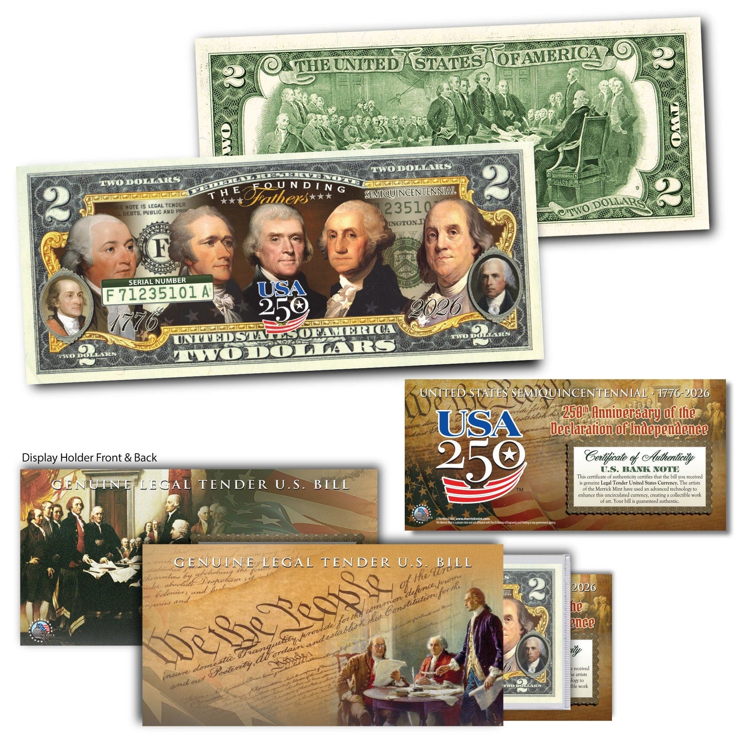 250th Anniversary Founding Fathers Collectible $2 Bill Set + Three 24KT Gold-Plated "America's Last Penny"