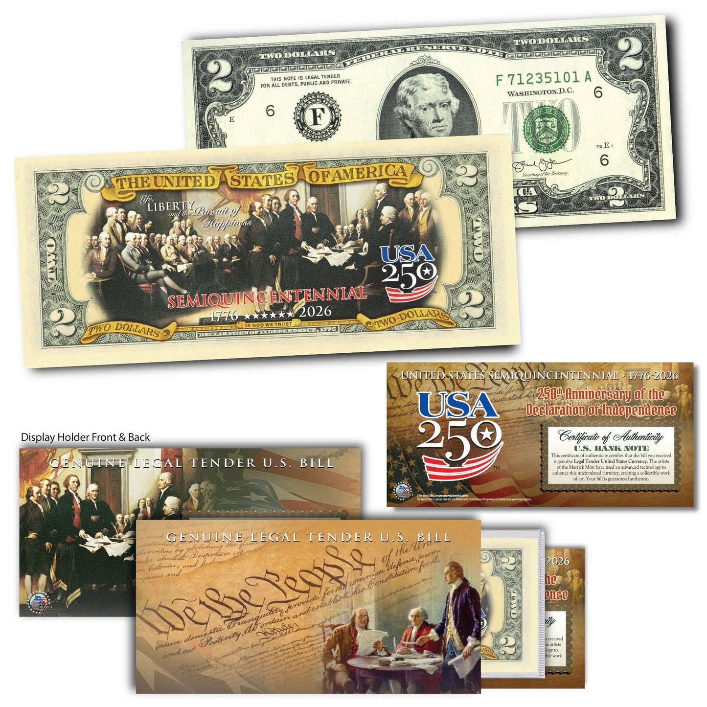 America's 250th Anniversary Collectible $2 Bill | Declaration of Independence Painting with USA 250 Mark