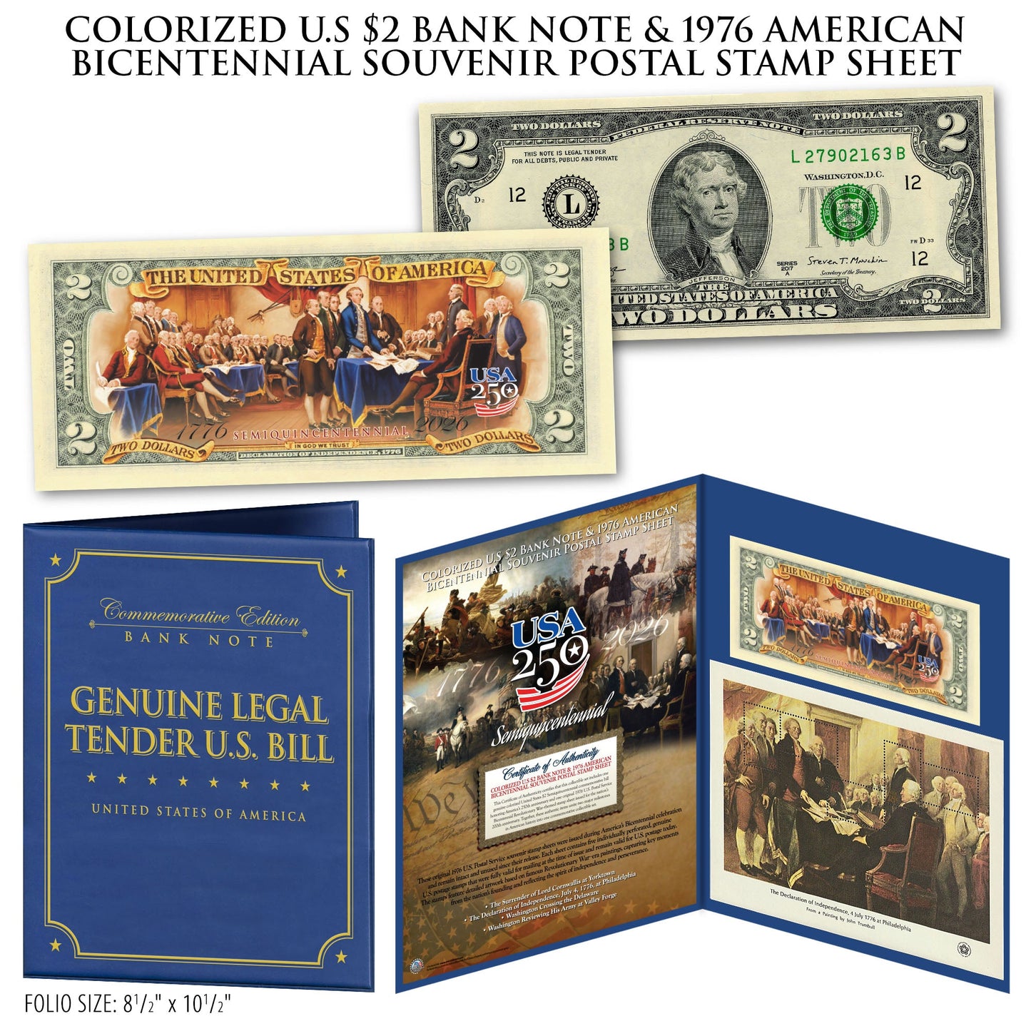 Colorized U.S $2 Bank Note & 1976 American Bicentennial Souvenir Postal Stamp Sheets (Set 2 of 2)