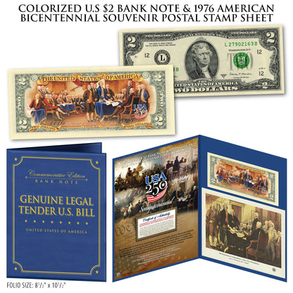 Colorized U.S $2 Bank Note & 1976 American Bicentennial Souvenir Postal Stamp Sheets (Set 2 of 2)