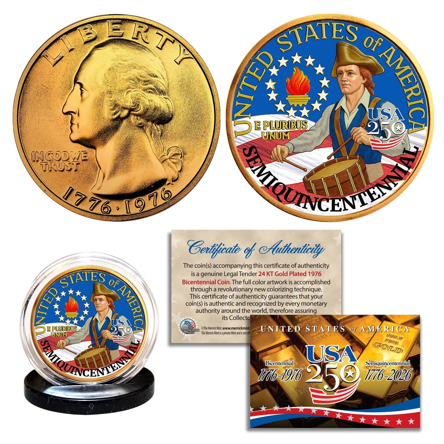1976 Bicentennial - 24KT Gold Plated & Colorized Semiquincentennial 3-Coin Set