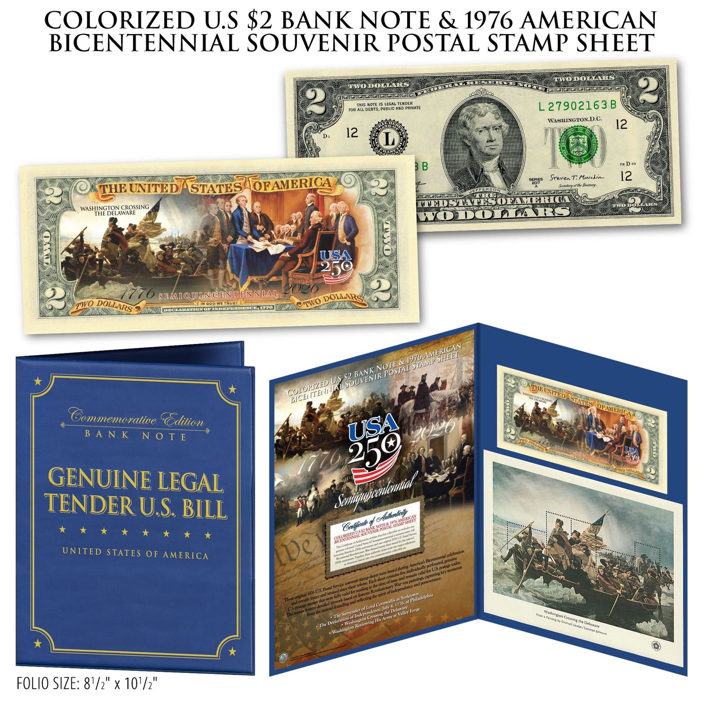 Colorized U.S $2 Bank Note & 1976 American Bicentennial Souvenir Postal Stamp Sheets (Set 1 of 2)