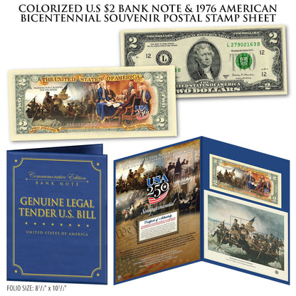 Colorized U.S $2 Bank Note & 1976 American Bicentennial Souvenir Postal Stamp Sheets (Set 1 of 2)