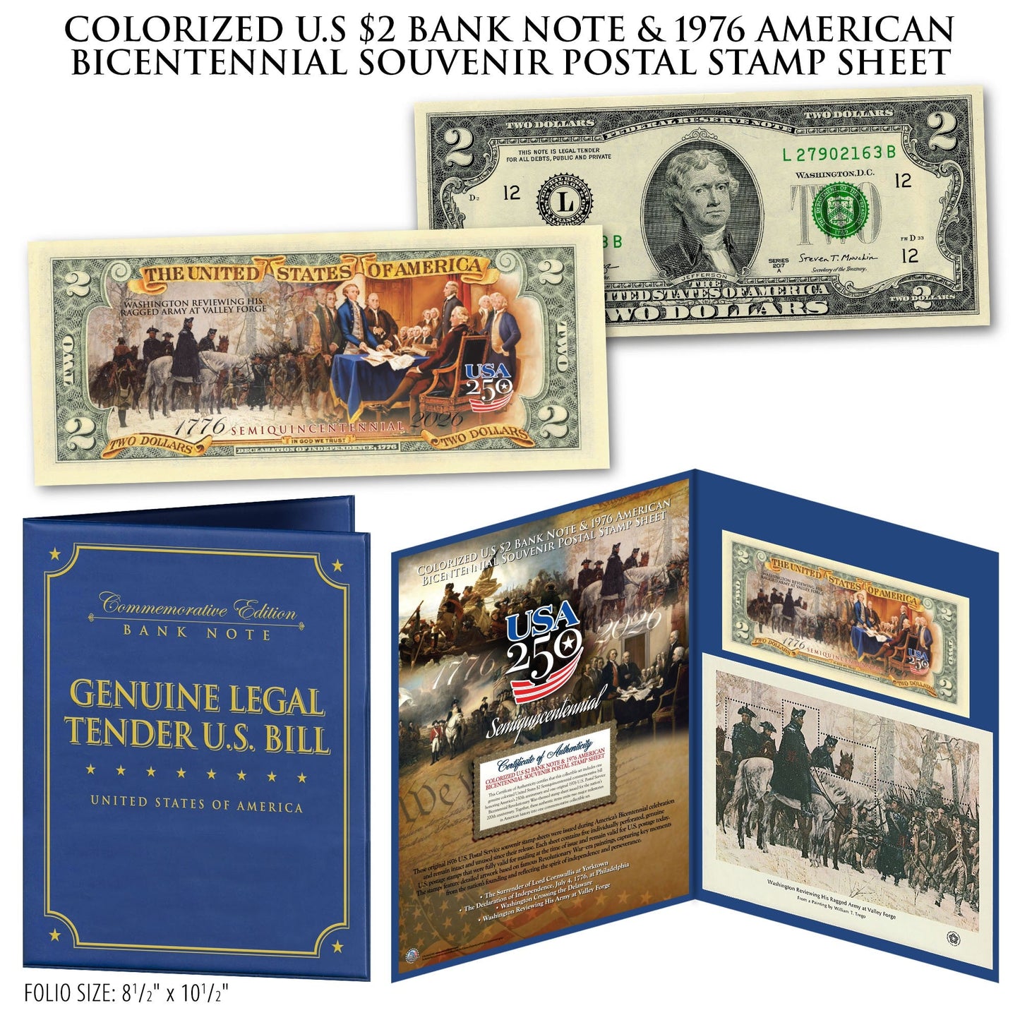 Colorized U.S $2 Bank Note & 1976 American Bicentennial Souvenir Postal Stamp Sheets (Set 1 of 2)