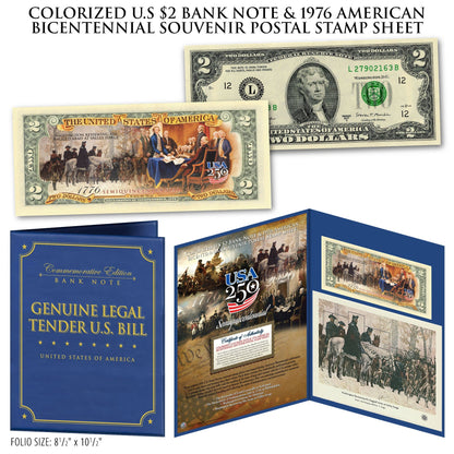 Colorized U.S $2 Bank Note & 1976 American Bicentennial Souvenir Postal Stamp Sheets (Set 1 of 2)
