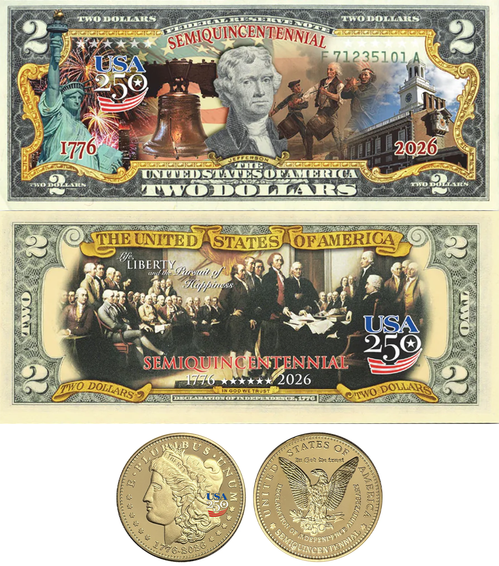 250th Anniversary Golden Morgan Tribute & Founding Fathers $2 Bill Set