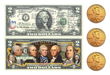 250th Anniversary Founding Fathers Collectible $2 Bill Set + Three 24KT Gold-Plated "America's Last Penny"