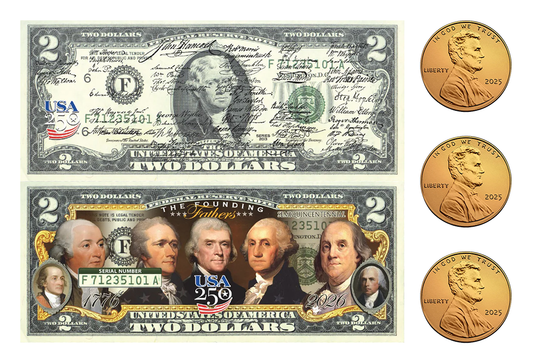 250th Anniversary Founding Fathers Collectible $2 Bill Set + Three 24KT Gold-Plated "America's Last Penny"