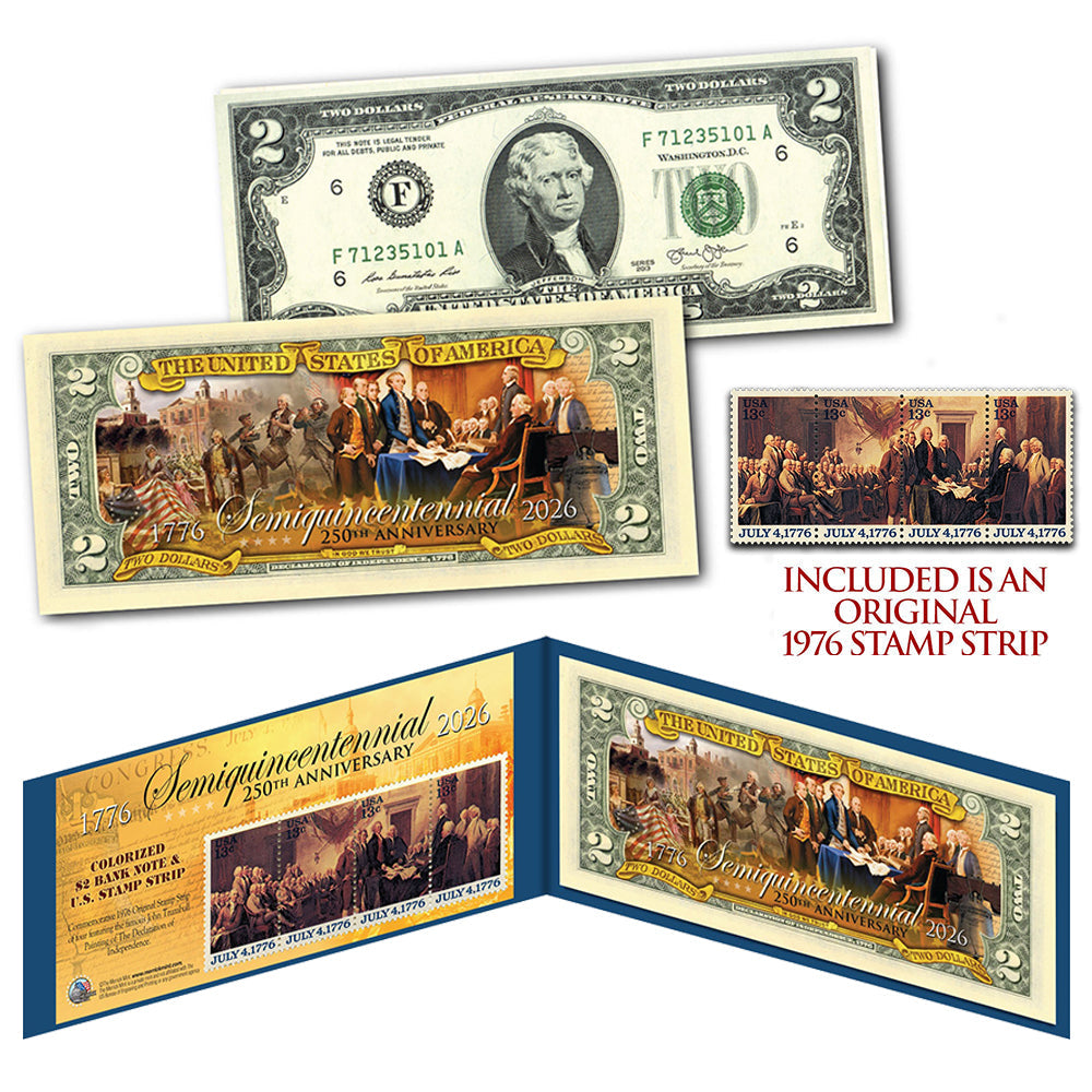 2026 Semiquincentennial USA 250th Anniversary July 4 Declaration independence $2 Bill '1976 Original Postal 4-Panel Stamp Strip