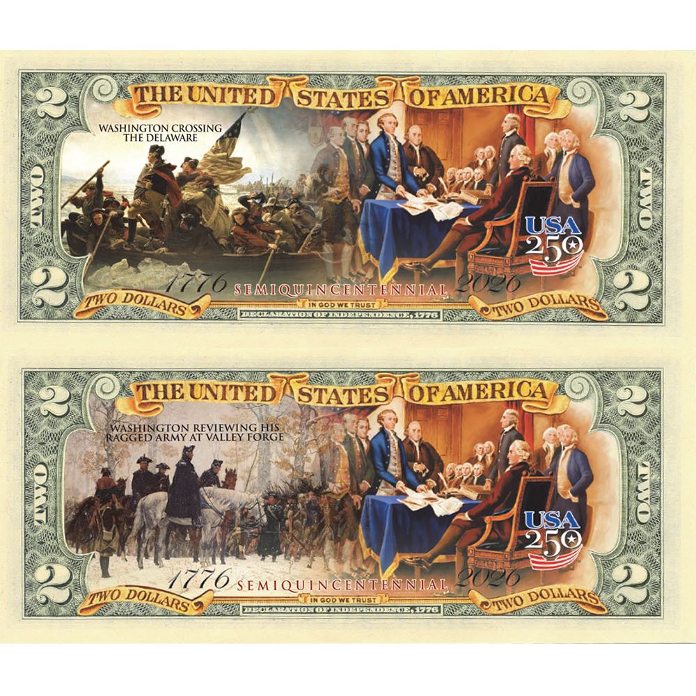 Colorized U.S $2 Bank Note & 1976 American Bicentennial Souvenir Postal Stamp Sheets (Set 1 of 2)