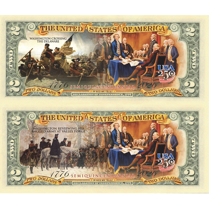 Colorized U.S $2 Bank Note & 1976 American Bicentennial Souvenir Postal Stamp Sheets (Set 1 of 2)