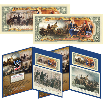Colorized U.S $2 Bank Note & 1976 American Bicentennial Souvenir Postal Stamp Sheets (Set 1 of 2)
